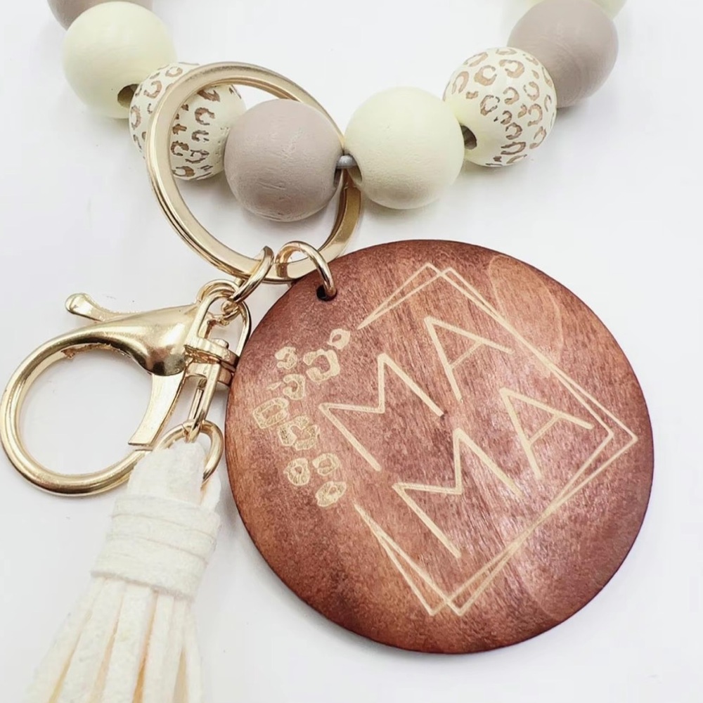 Women’s Beaded & Tassel “Mama” Wristlet - Beige‎ with Leopard Print Accents
